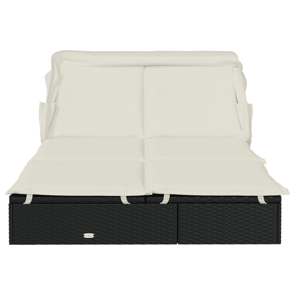 Ein schwarzes Outdoor-Tagesbett aus Korbgeflecht mit weißem Baldachin.