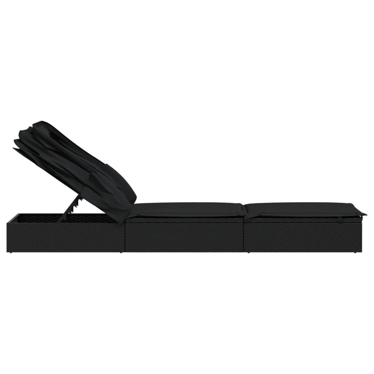 Schwarze Rattan-Outdoor-Liege mit verstellbarer Rückenlehne und seitlichem Staufach.