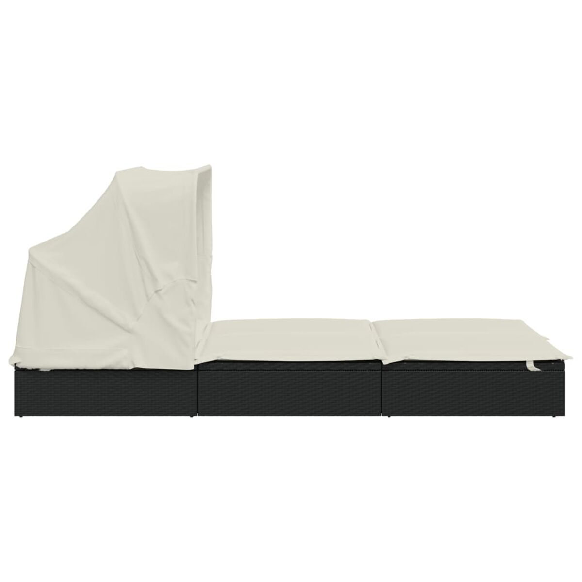 Outdoor-Bett mit Sonnenschutz, cremefarbenes Verdeck, schwarze Basis.