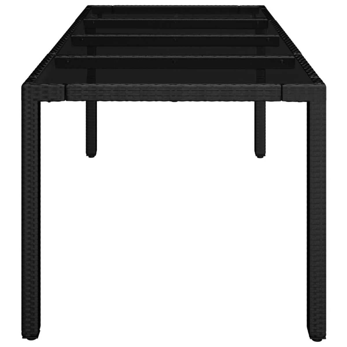 Ein schwarzer Gartentisch mit Flechtdesign, von unten betrachtet.