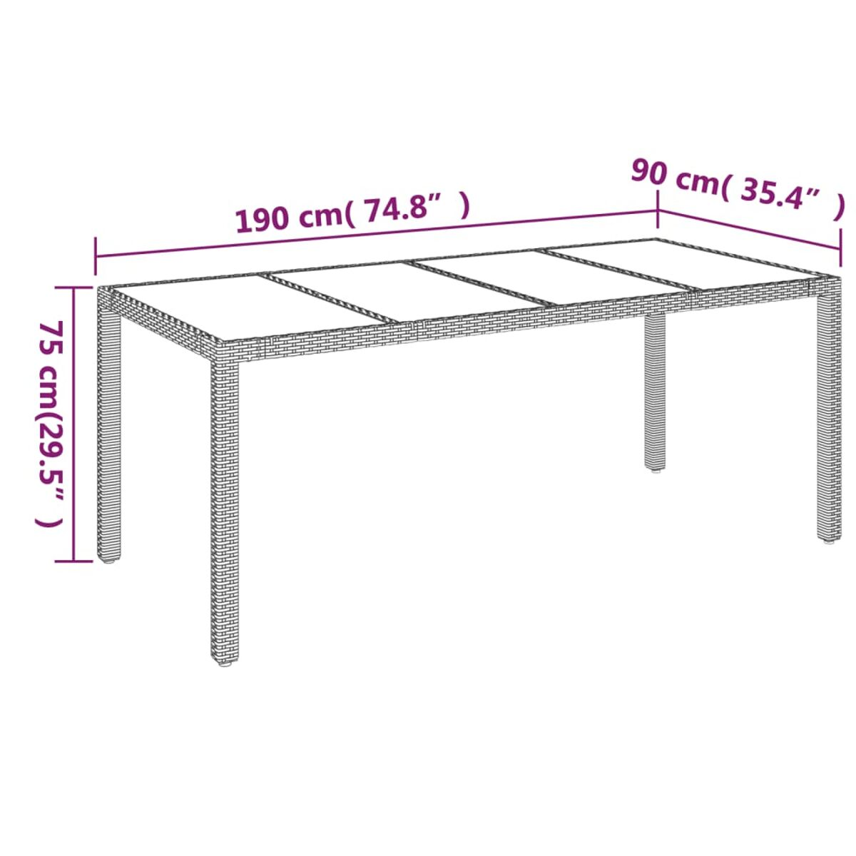 Ein rechteckiger Holztisch mit beschrifteten Abmessungen. Vier Beine und eine Lattenoberfläche sind sichtbar.