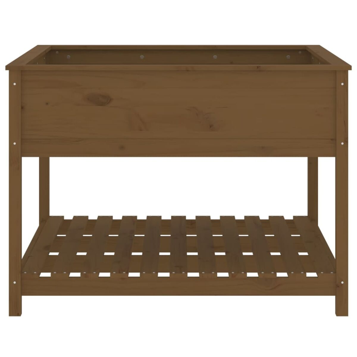 Holzschrank mit Lattenfuß und Stauraum. Der Schrank ist braun.