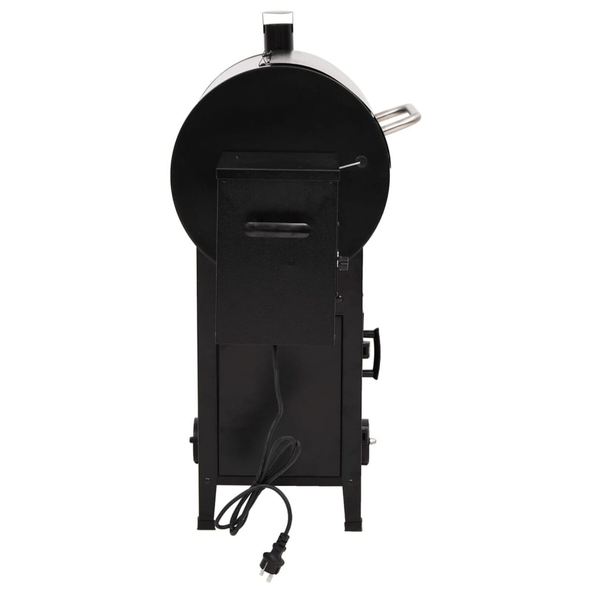 Schwarzer Räuchergrill, Rückansicht, mit Schornstein und Elektrokabel.