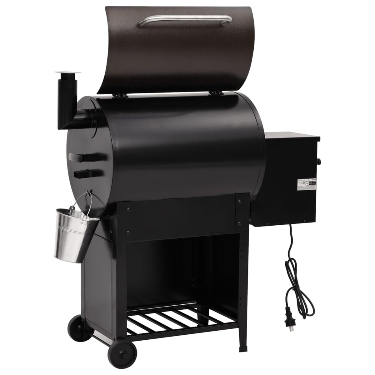 Schwarzer Räuchergrill mit offenem Deckel, Eimer und Netzkabel.
