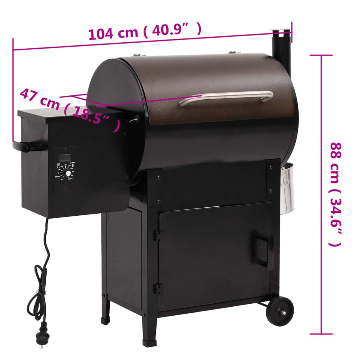 Ein schwarz-brauner Räuchergrill mit in cm und Zoll angegebenen Abmessungen.