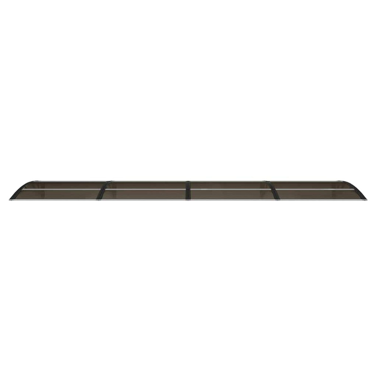 Eine braune Markise auf weißem Hintergrund. Die Markise ist gebogen und hat eine dunkle Blende.