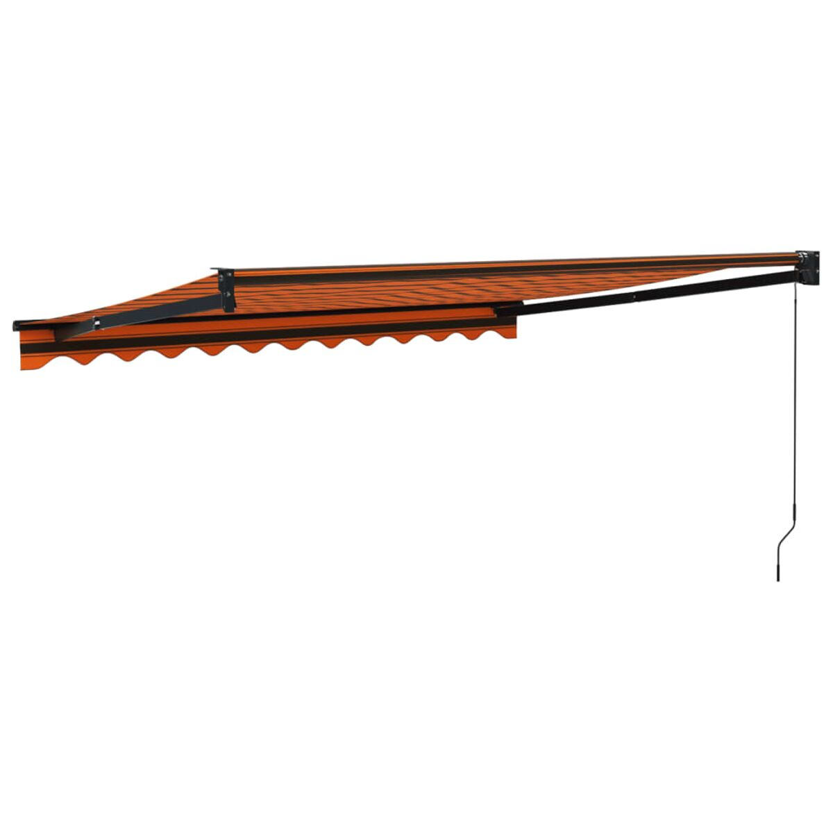 Eine orangefarbene und schwarze Markise ausgefahren. Die Markise ist an einer Wand befestigt.