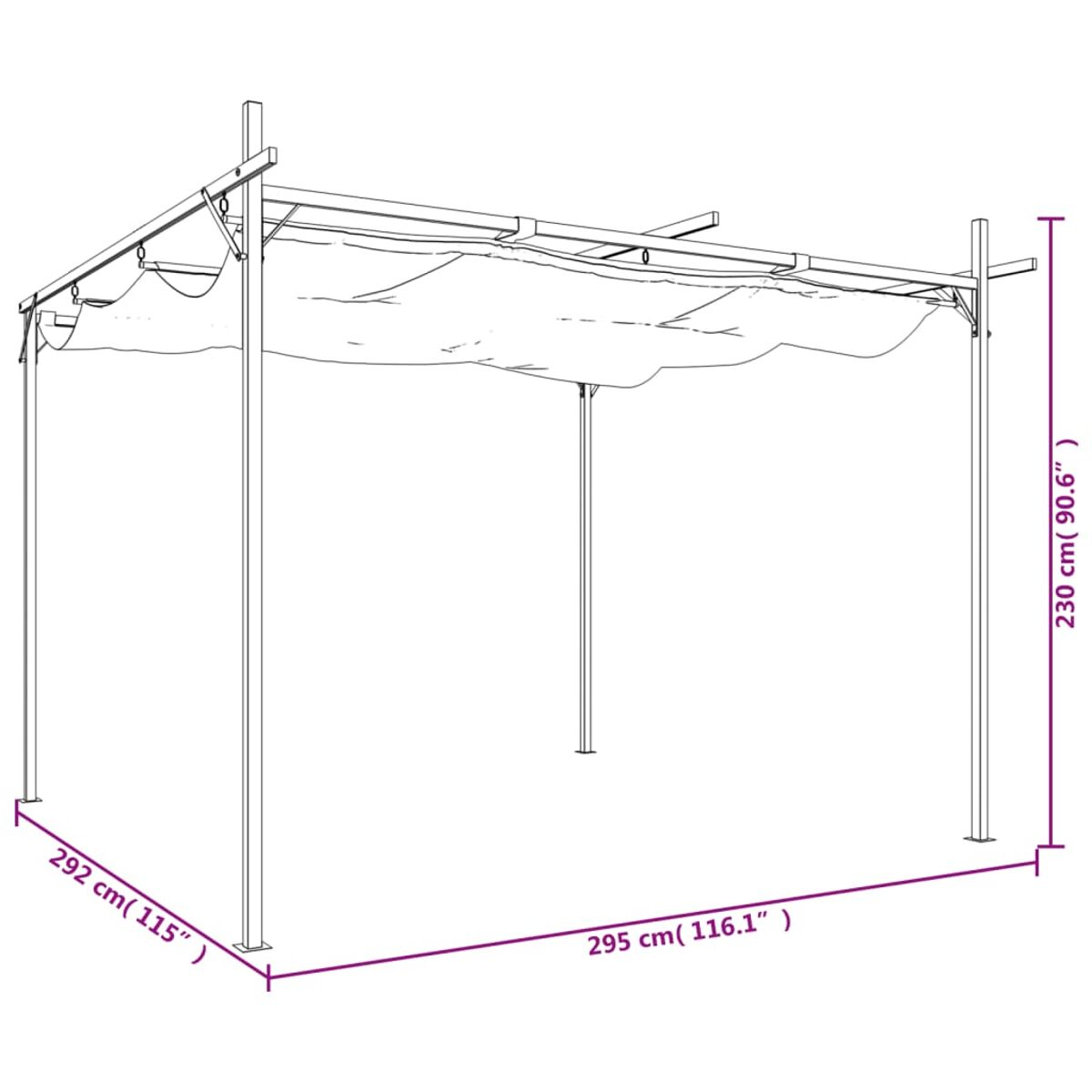 Eine Zeichnung einer Pergola mit Abmessungen in cm und Zoll.