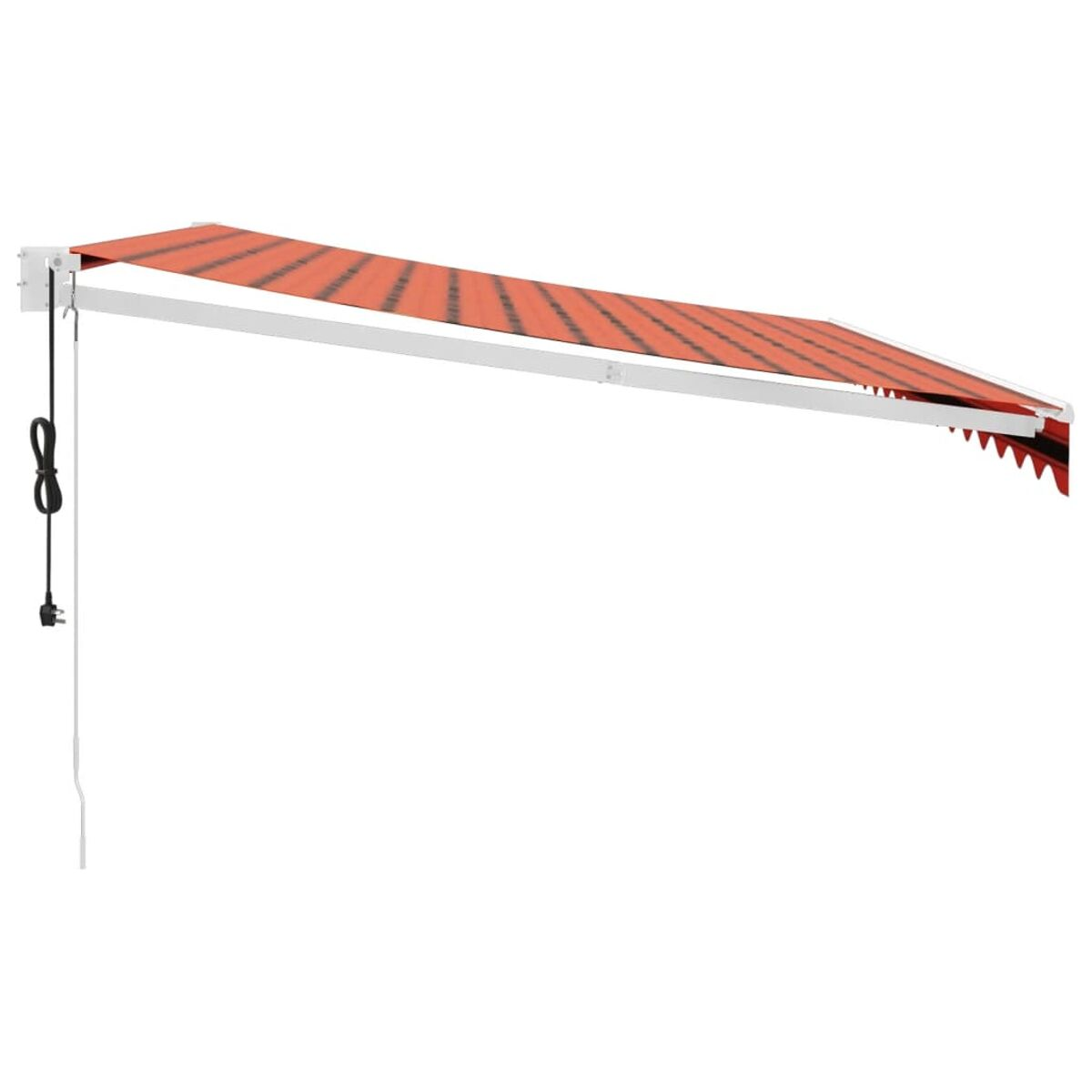 Markise mit orangefarbenen und weißen Streifen. Weißer Rahmen, schwarzes Netzkabel. Weißer Hintergrund.