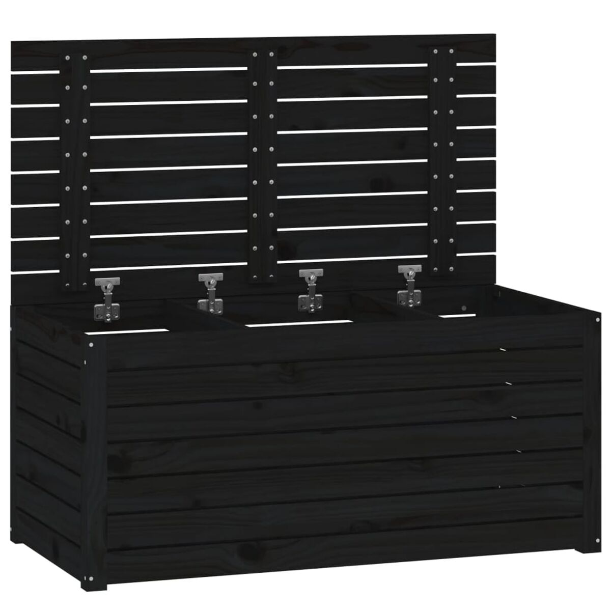 Schwarze Holzaufbewahrungsbox mit drei Fächern. Der Deckel ist geöffnet und die Box hat Metallscharniere.