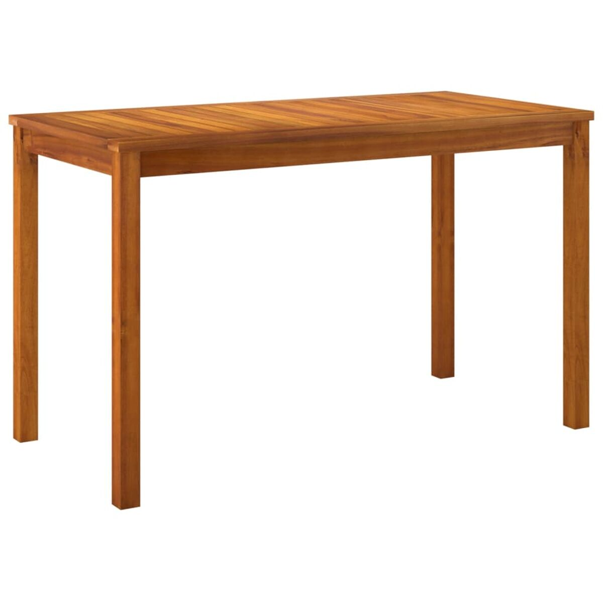 Rechteckiger Holztisch mit vier Beinen. Der Tisch ist braun und hat eine Lattenoberfläche mit glattem Finish.