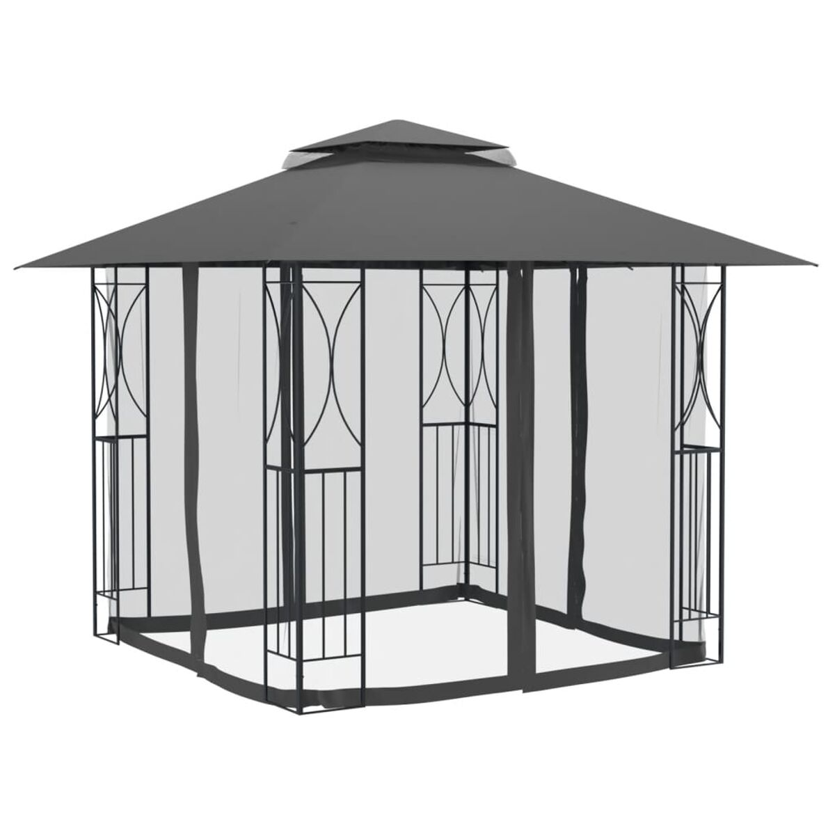 Ein schwarzer Pavillon mit schwarzem Dach und durchsichtigen weißen Vorhängen.