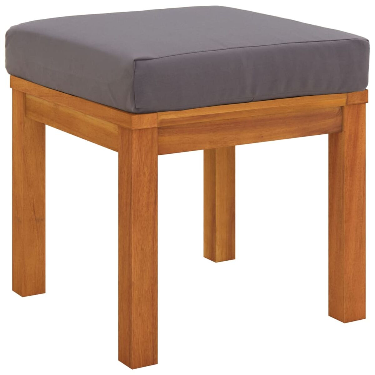 Hocker aus Holz mit grauem Kissen, vor weißem Hintergrund.