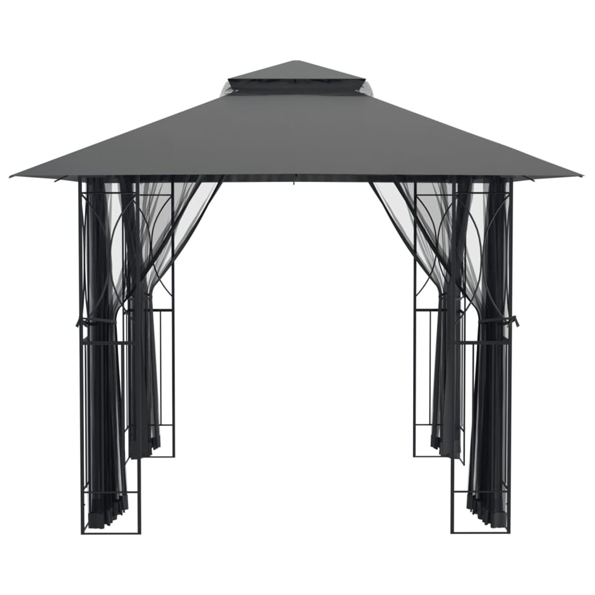 Schwarzer Pavillon mit schwarzen Vorhängen, sichtbar vor weißem Hintergrund.