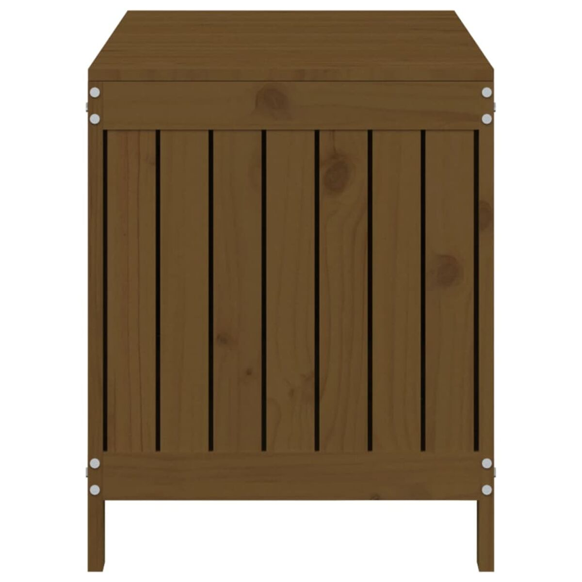 Mobile contenitore in legno marrone con doghe verticali. Ha quattro gambe e un piano.