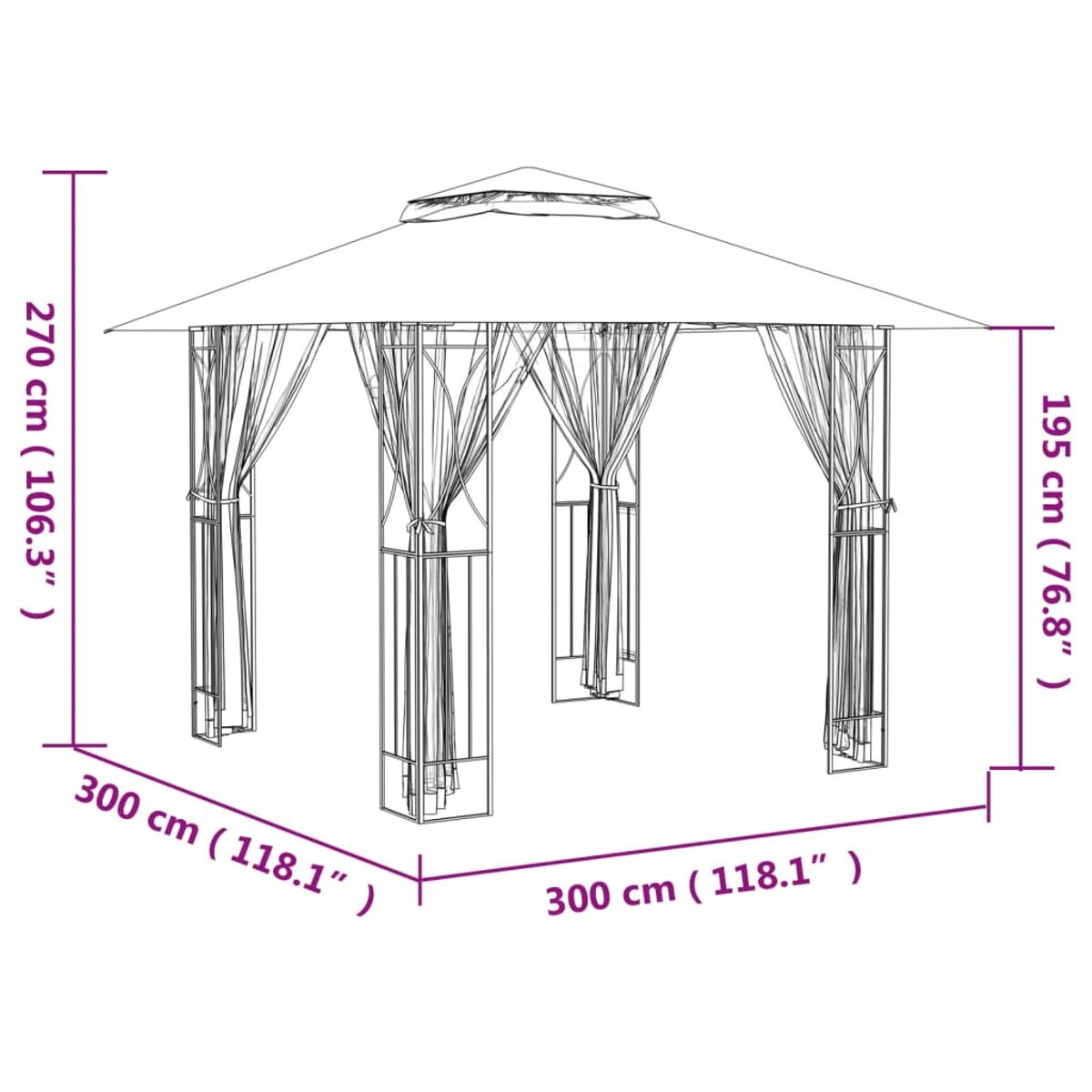 Weißer Pavillon mit Stoffdach und Vorhängen. Maße sind um den Pavillon herum dargestellt.