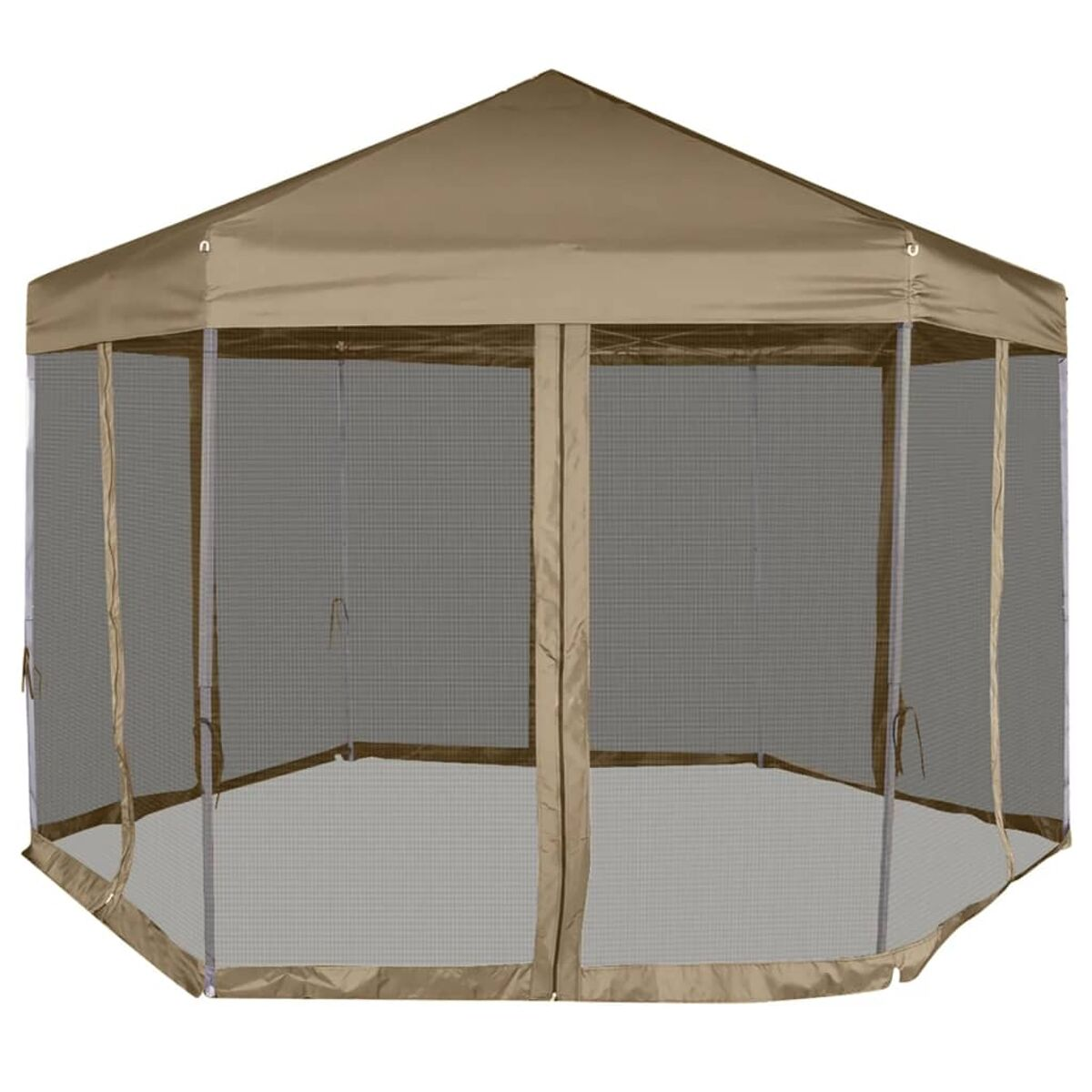 Ein hellbrauner sechseckiger Pavillon mit Netzseiten und braunem Dach, vor weißem Hintergrund.