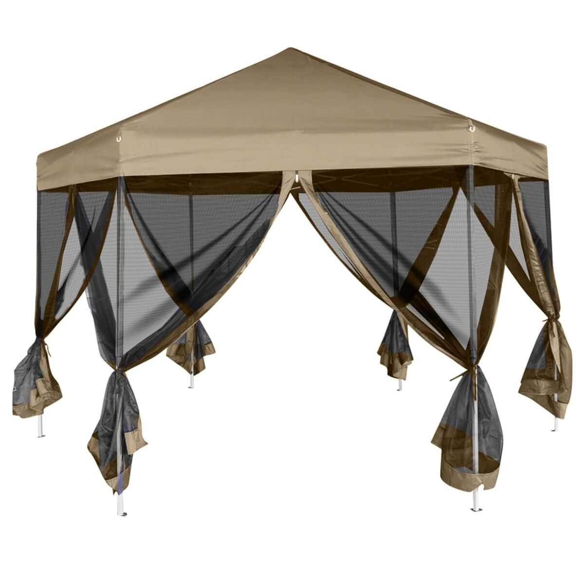 Ein beigefarbener Pavillon mit schwarzem Netz und drapierendem Stoff.