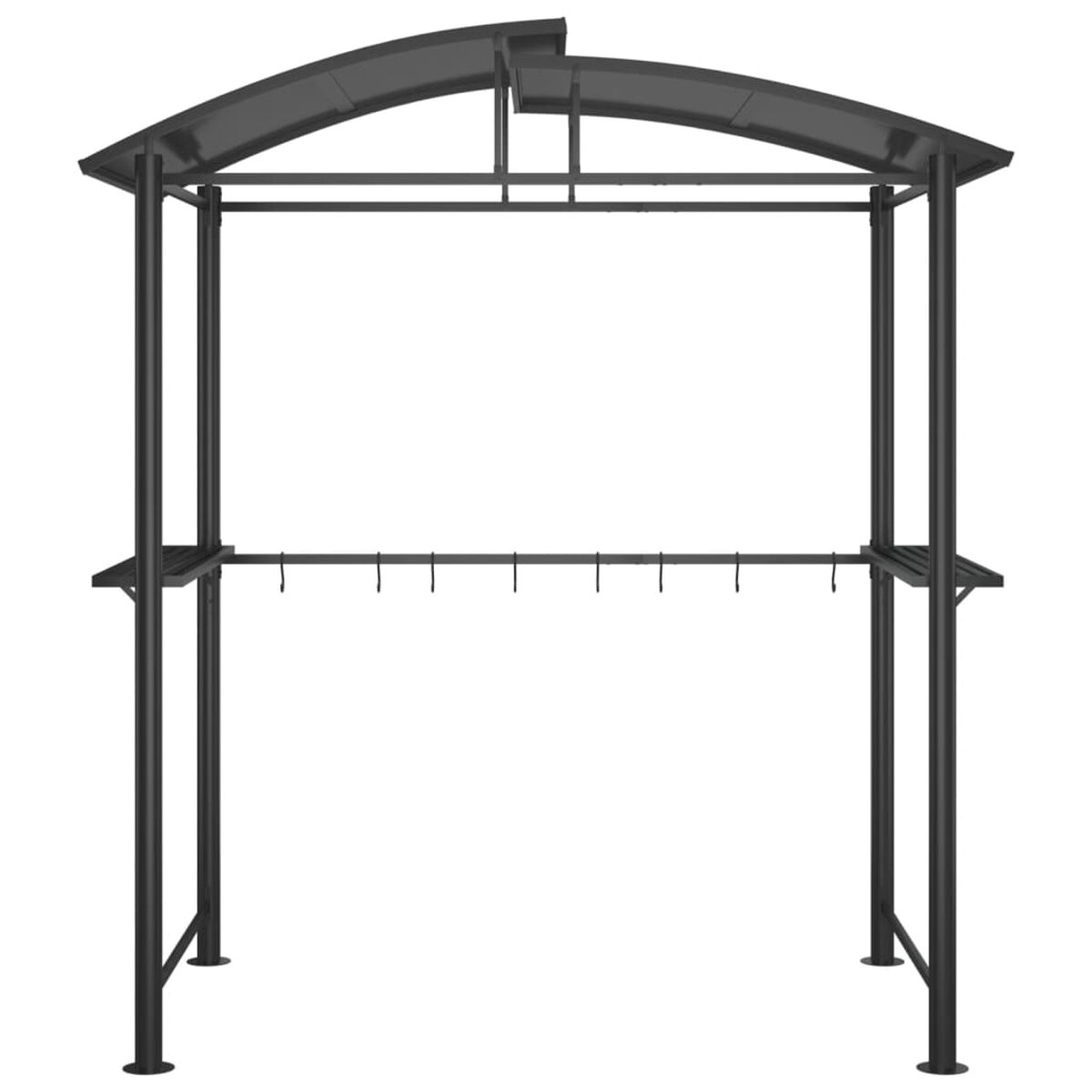 Schwarze Grillstation im Freien mit Haken.