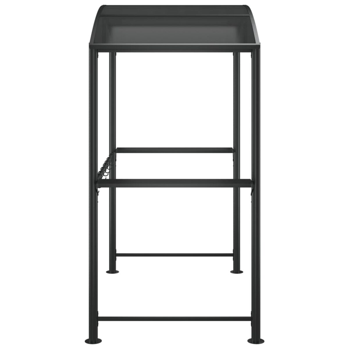 Schwarze Metall-Pergola-Struktur. Rechteckige Form, Dach und zwei Regale. Sauberes, minimalistisches Design.