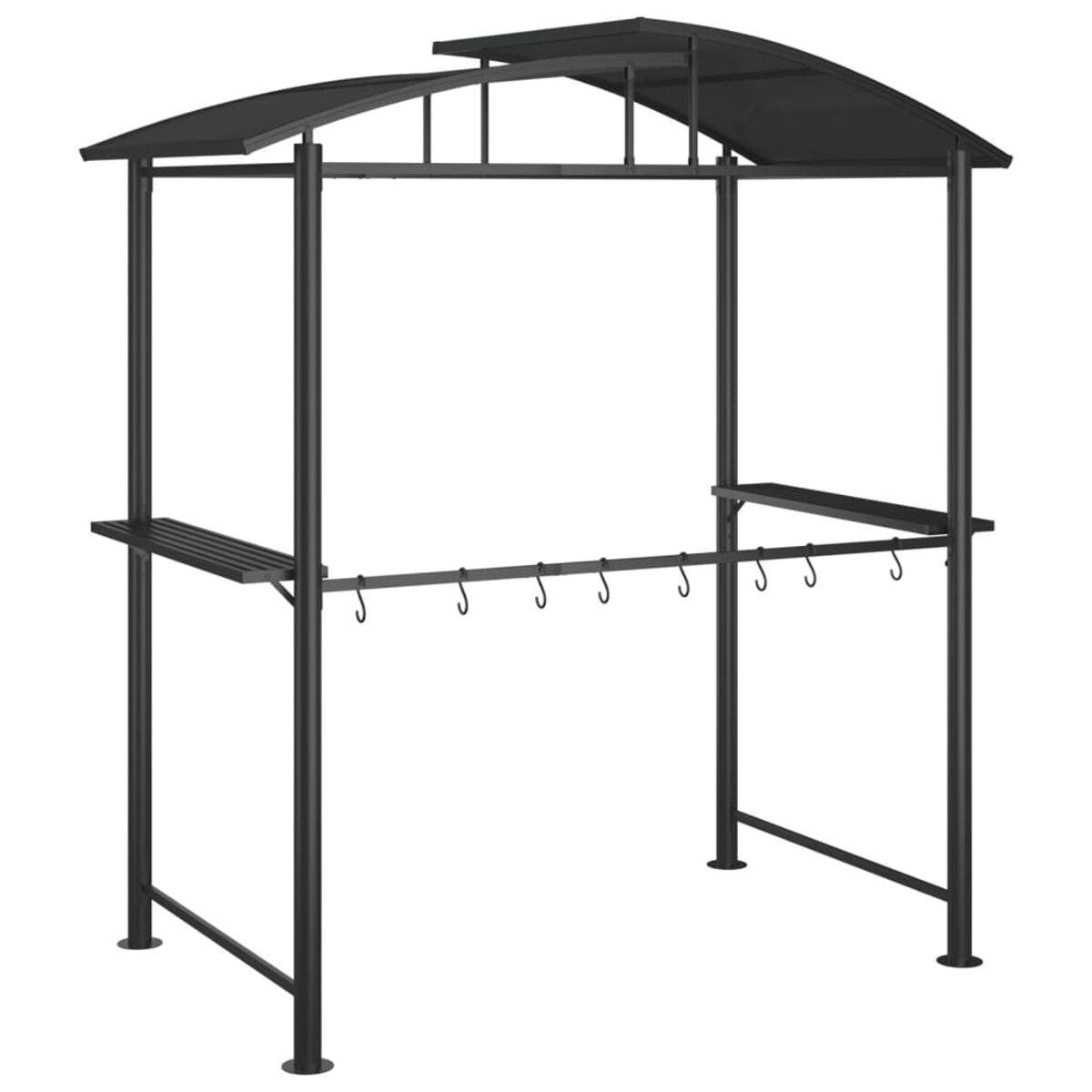 Schwarzer Metallgrill mit Haken und Ablagen. Weißer Hintergrund.