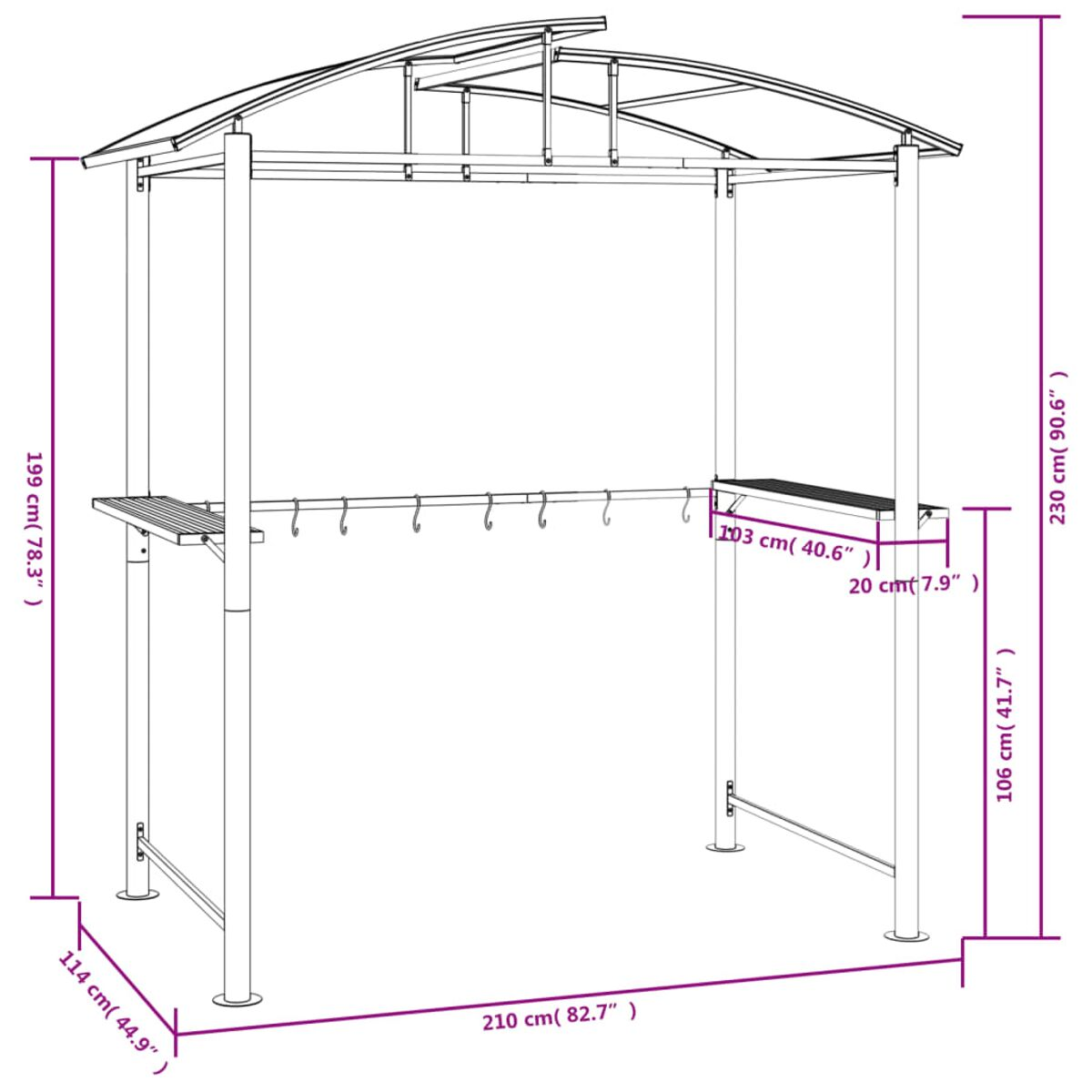 Eine Metall-Outdoor-Struktur mit Dach, Theke, Haken und Abmessungen, wahrscheinlich zum Grillen.