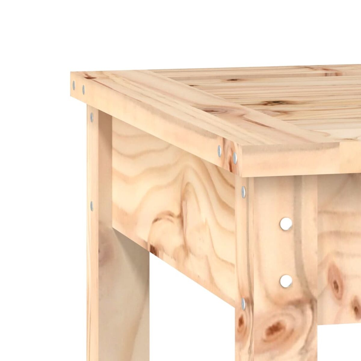 Nahaufnahme einer Holztischecke. Helles Holz, sichtbare Maserung, mit Metallbefestigungen.