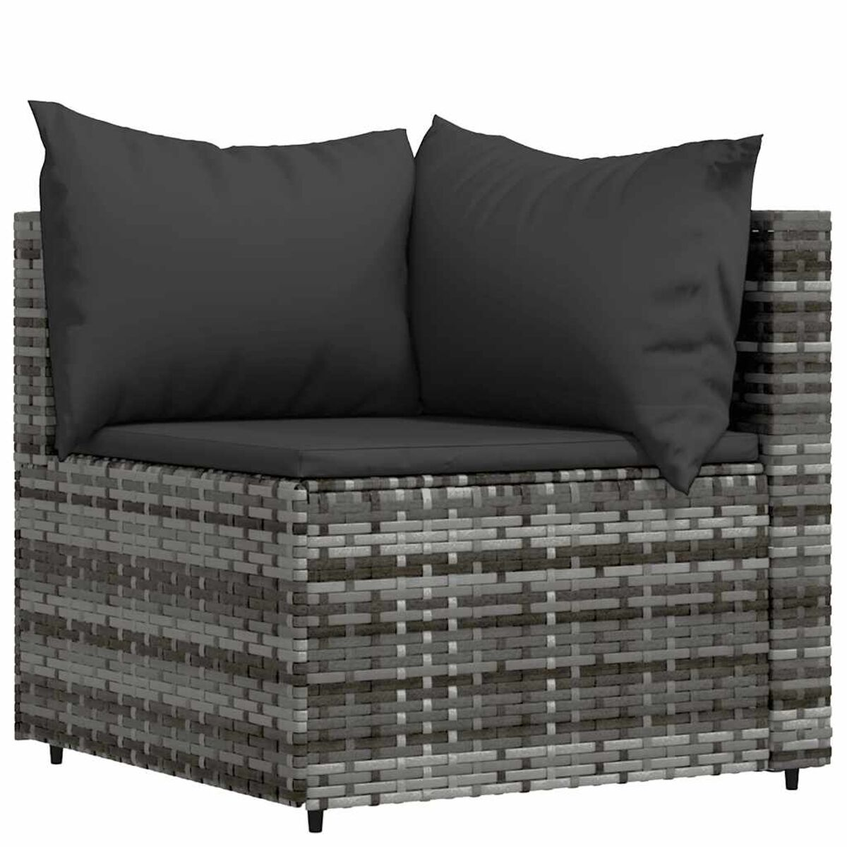 Graues Ecksofa mit zwei dunkelgrauen Kissen auf weißem Hintergrund.
