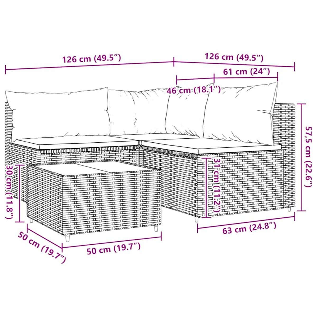 Ein Ecksofa aus Rattan mit Abmessungen in cm und Zoll.