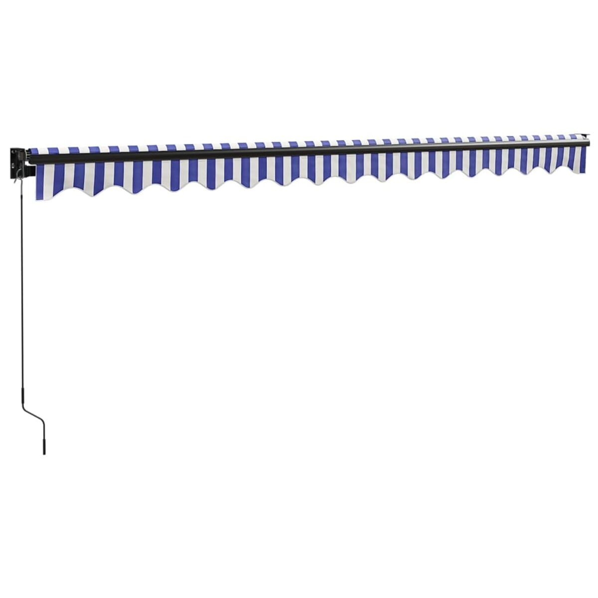 Blau-weiß gestreifte Markise, die sich von einer Wand erstreckt.