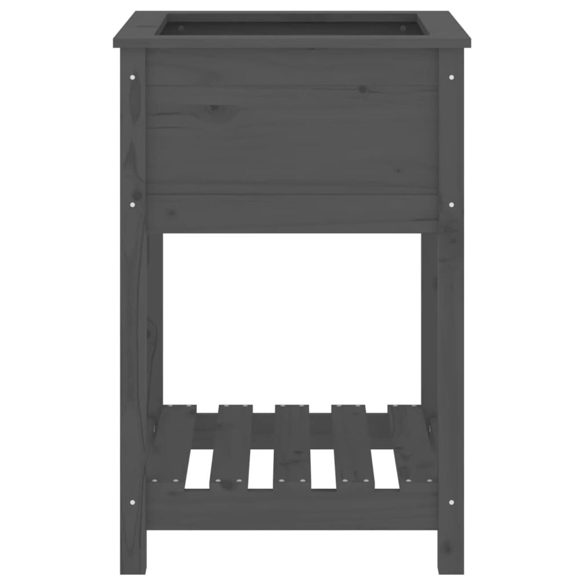 Ein dunkelgrauer Pflanzkasten aus Holz mit offenem Boden und einem Lattenregal. Die Box ist leer.