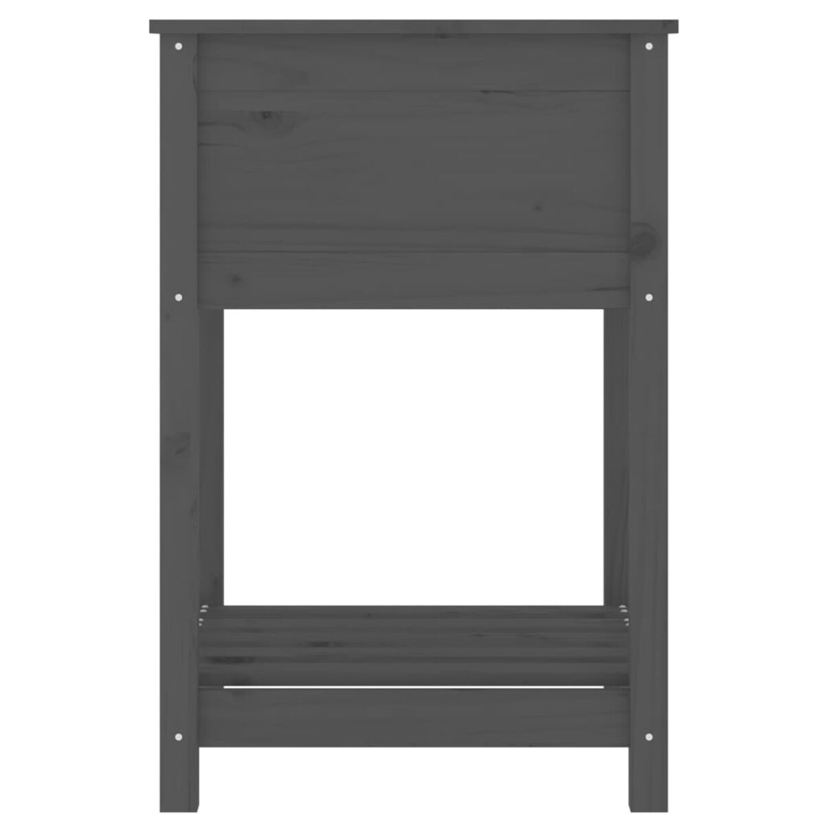Grauer Holzschrank mit einem Regal. Es ist ein einfaches, vertikales Design.