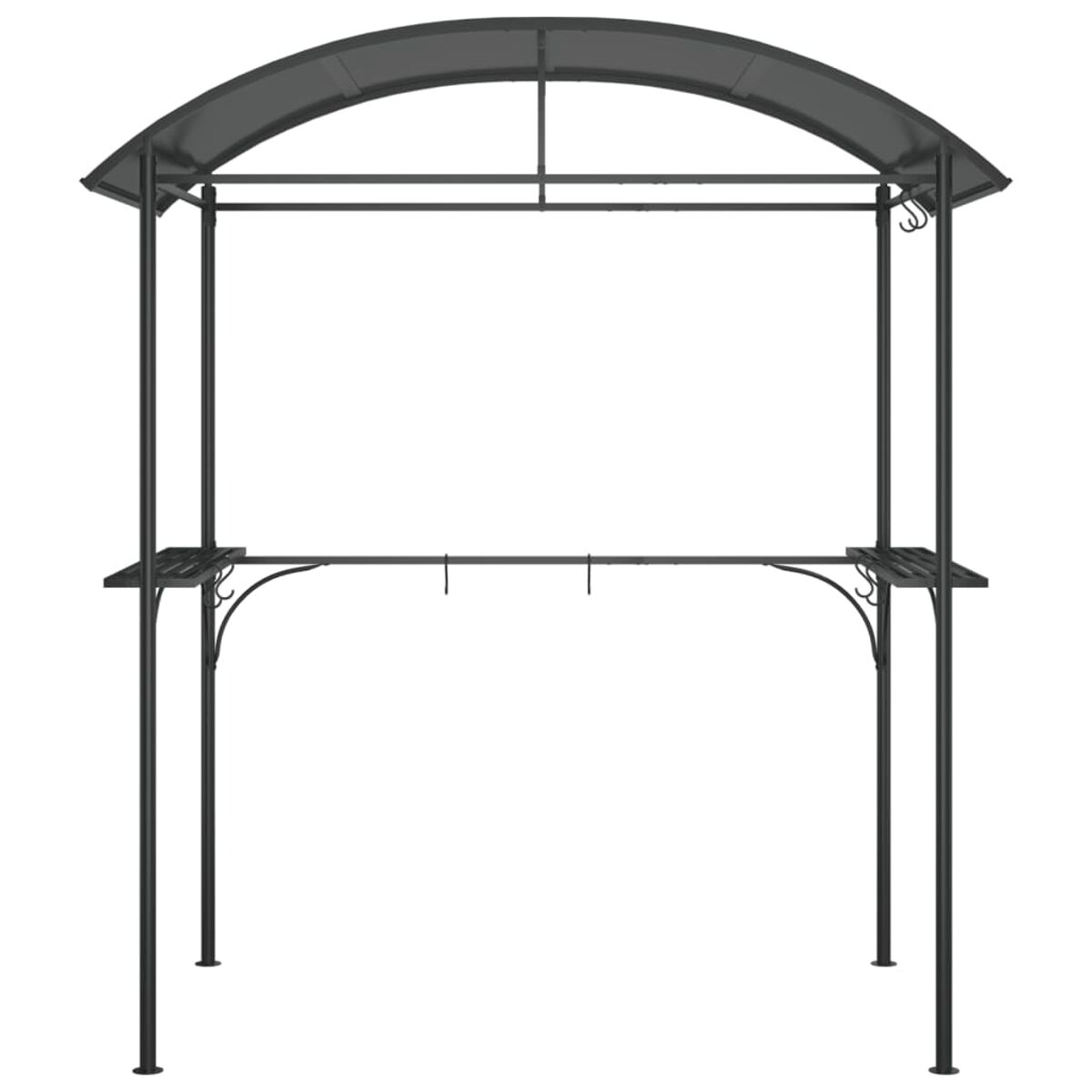 Schwarze Metallpergola mit gewölbter Oberseite, Tisch und Haken.