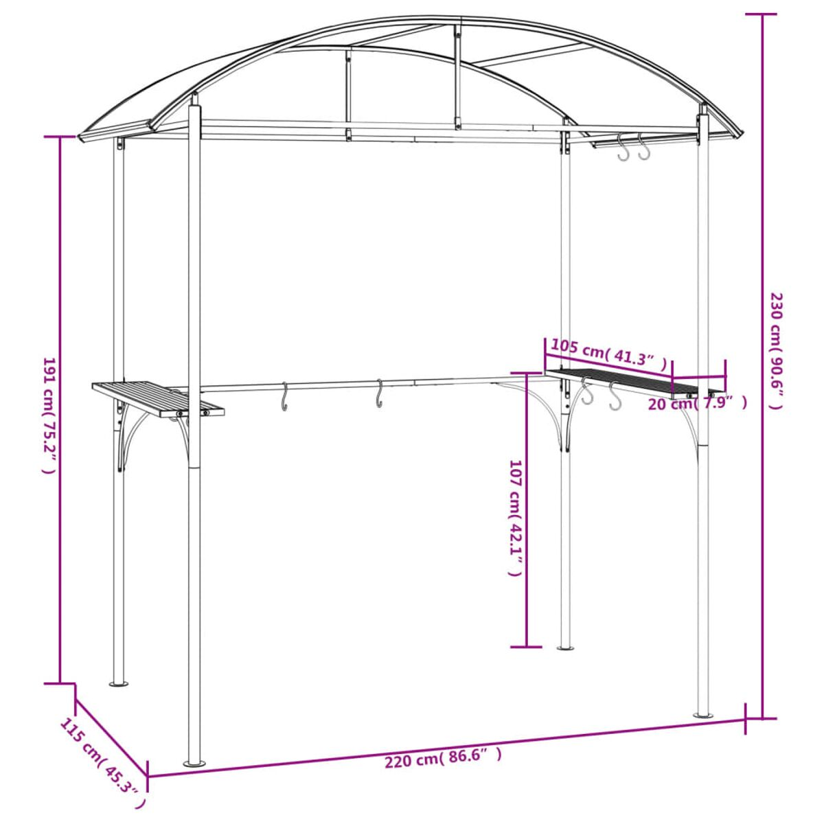 Eine Strichzeichnung umreißt eine Outdoor-Pergola mit Maßen in Zentimetern und Zoll.