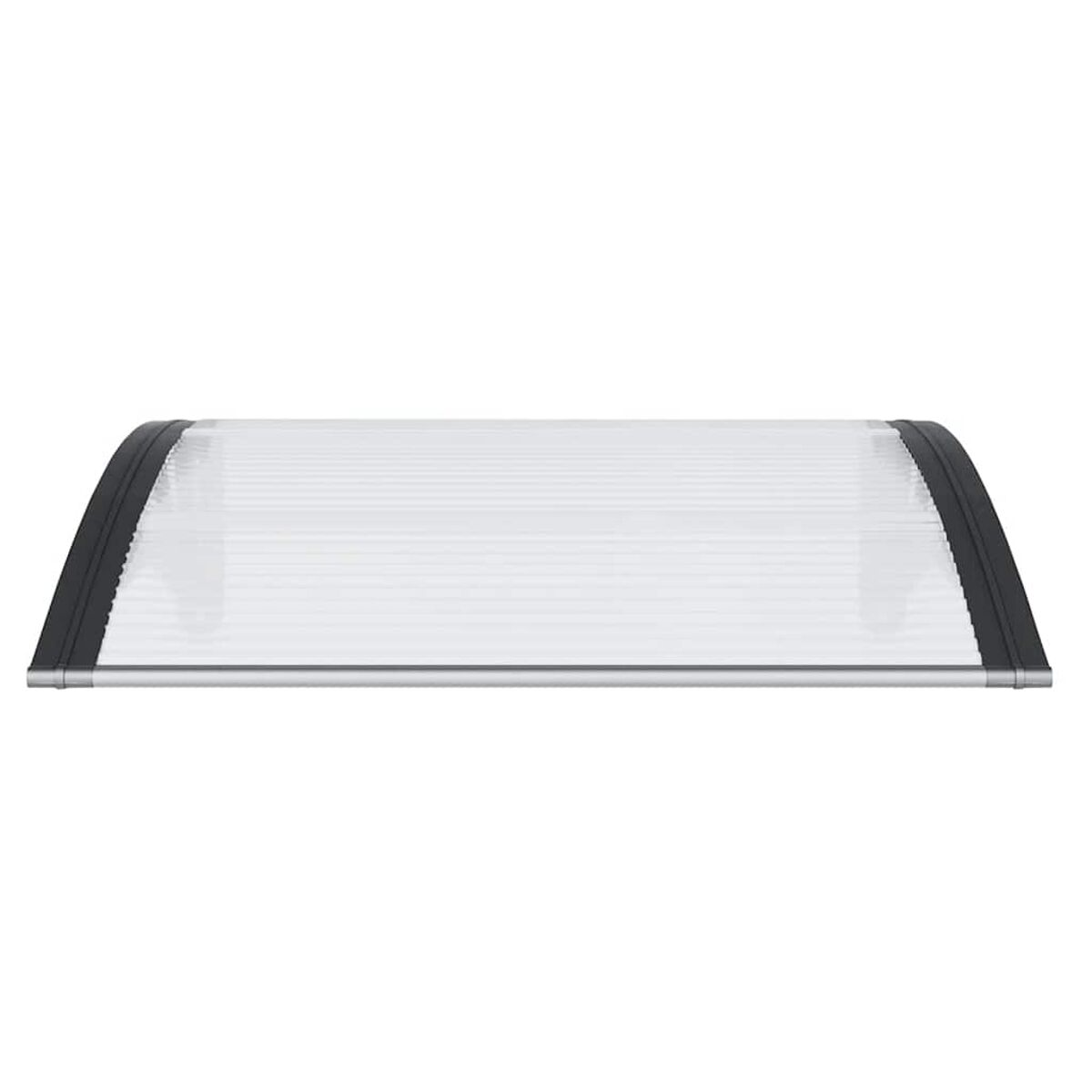 Ein klarer, gebogener Polycarbonat-Baldachin mit schwarzem Rand auf weißem Hintergrund.
