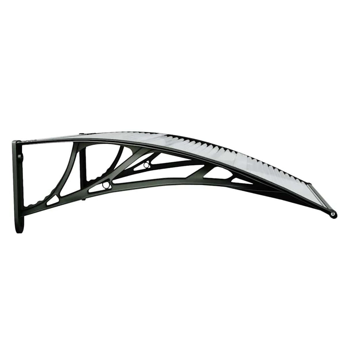 Schwarze Markise mit geschwungenem Design, auf weißem Hintergrund montiert.
