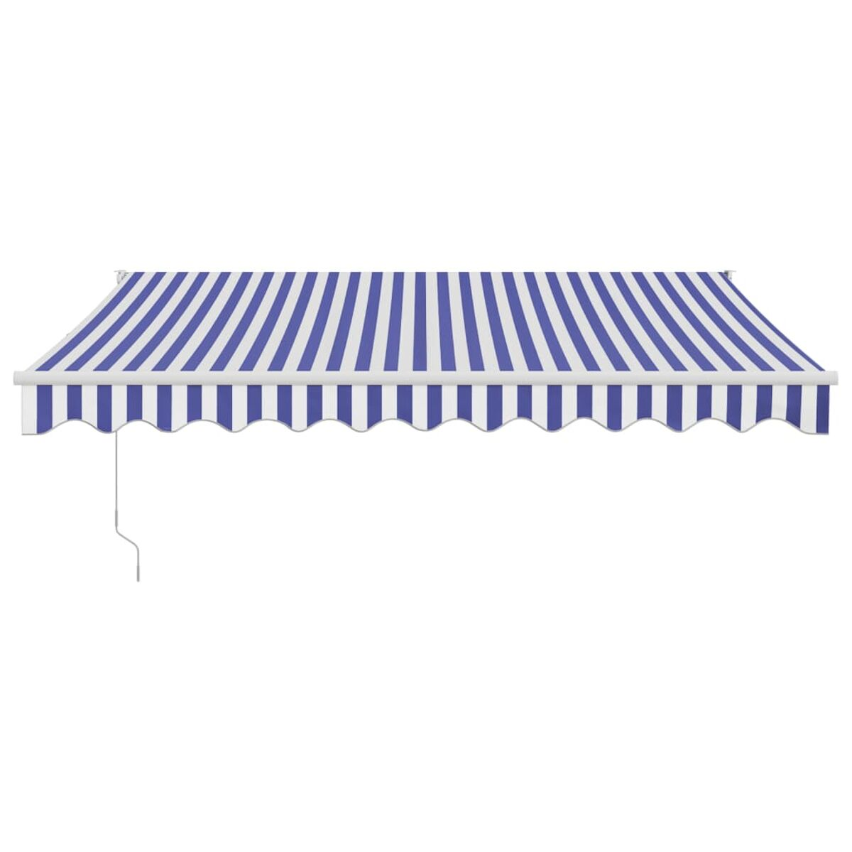 Blau-weiß gestreifter Baldachin. Gewellter Rand. Weißer Hintergrund.