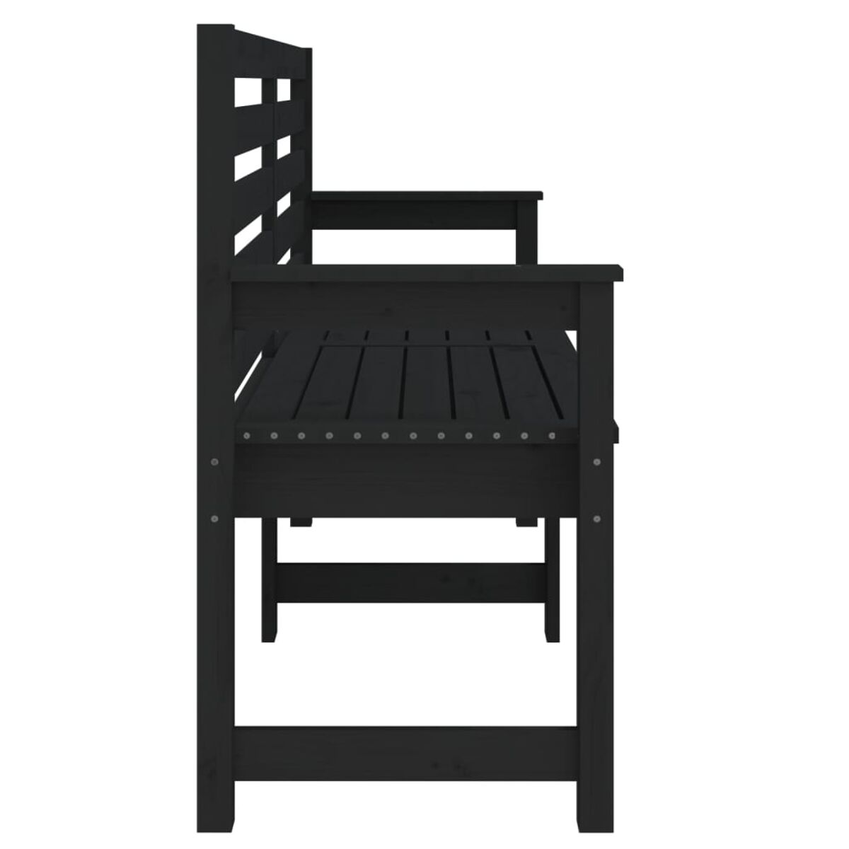 Schwarze Holzbank mit Rückenlehne und Armlehnen, Seitenansicht.