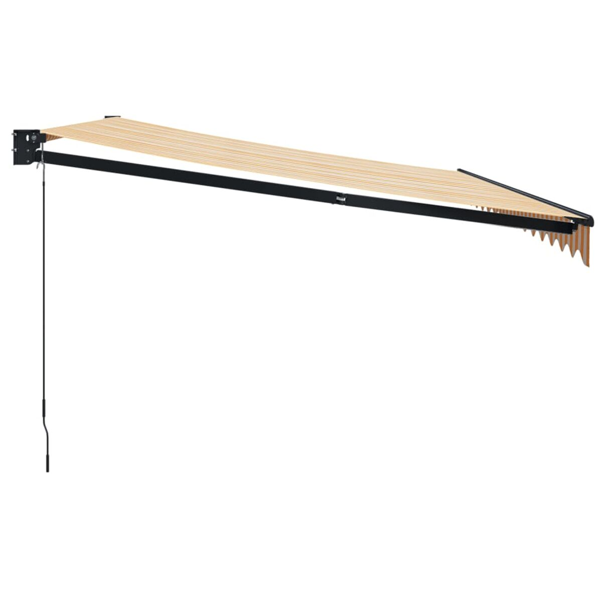 Eine Außenmarkise auf weißem Hintergrund. Sie ist beige mit schwarzem Halter und Schnur.