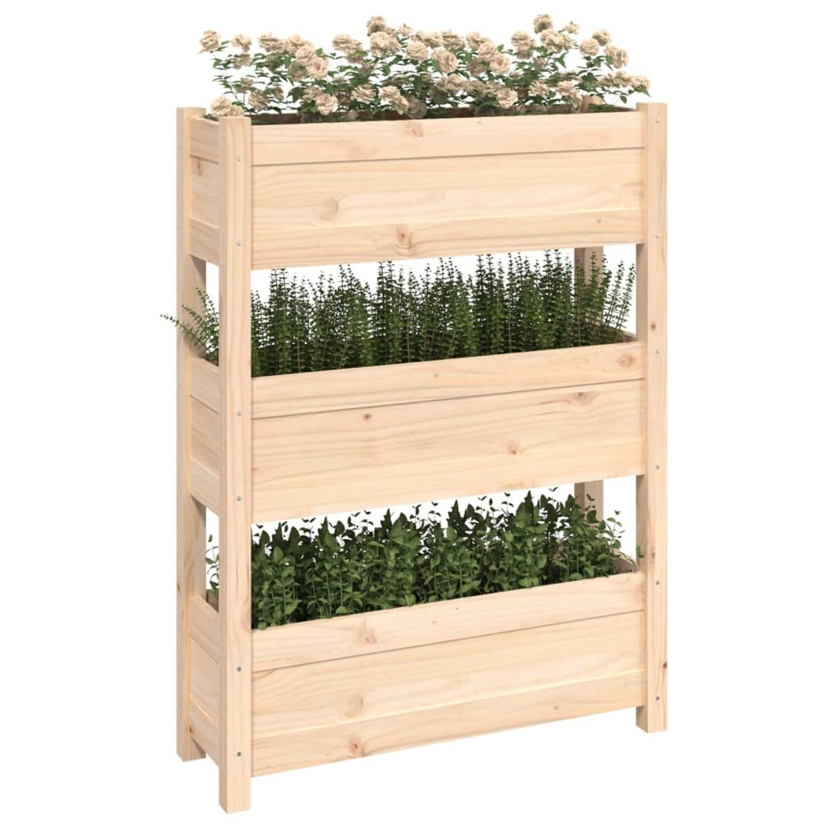 Ein hölzerner Pflanzenständer mit drei Ebenen, jede mit Pflanzen und Blumen oben drauf.