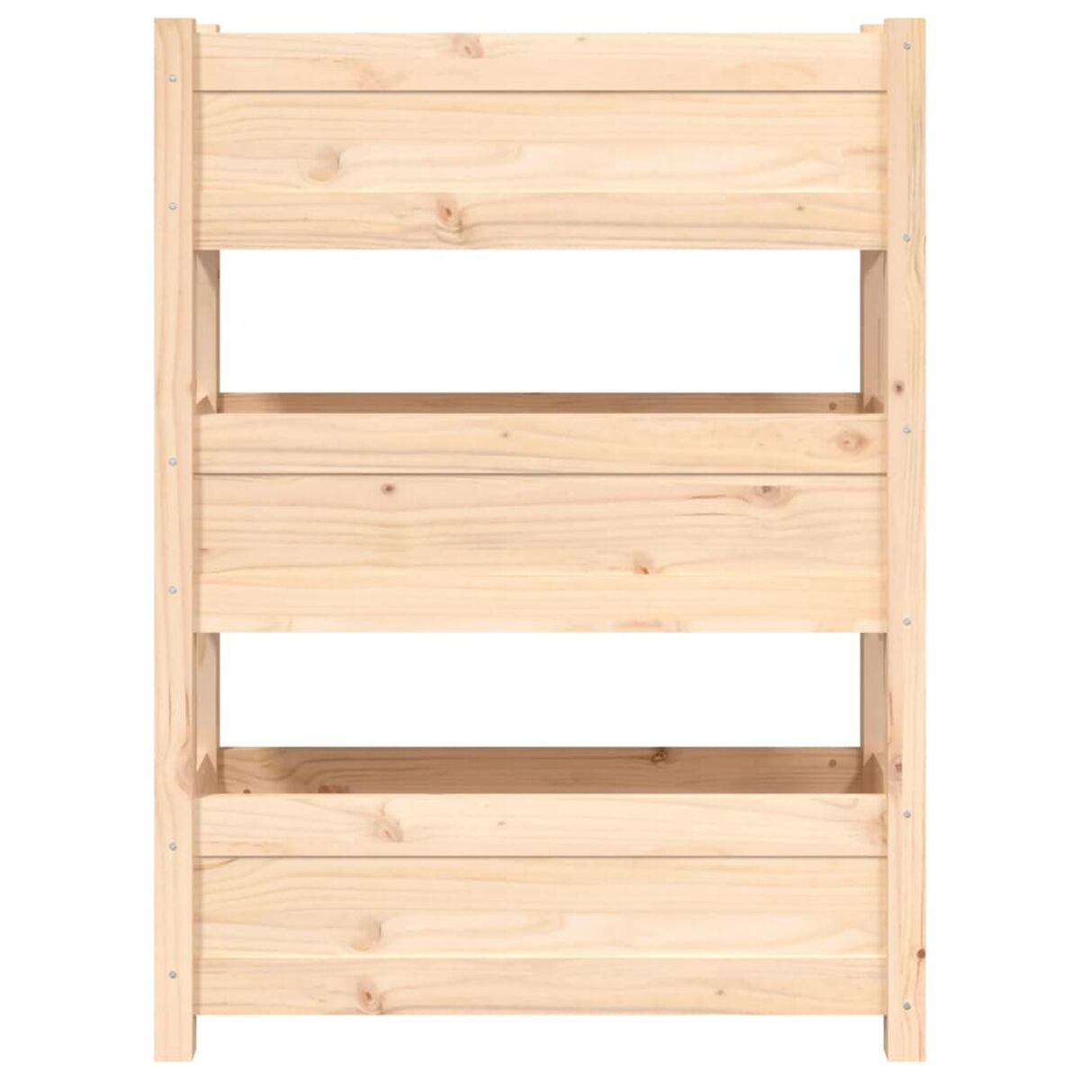 Holzregal, drei Ebenen. Weißer Hintergrund.