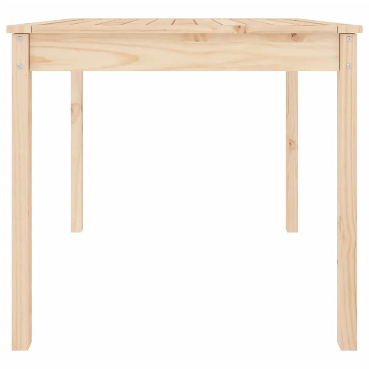 Holztisch mit vier Beinen. Er hat eine Latten-Oberfläche und ist unlackiert.