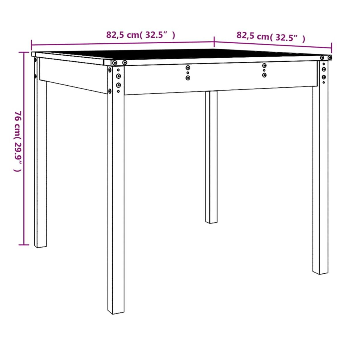 Quadratischer Holztisch mit beschrifteten Abmessungen. Es ist aus hellem Holz gefertigt.