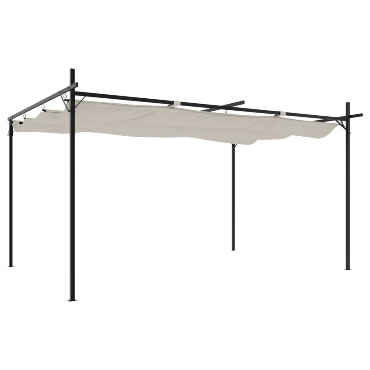 Schwarze Metallpergola mit beigefarbenem Stoffdach.