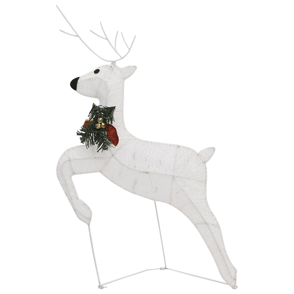 Weiße Rentier-Weihnachtsdekoration mit roter Schleife und grünen Blättern.