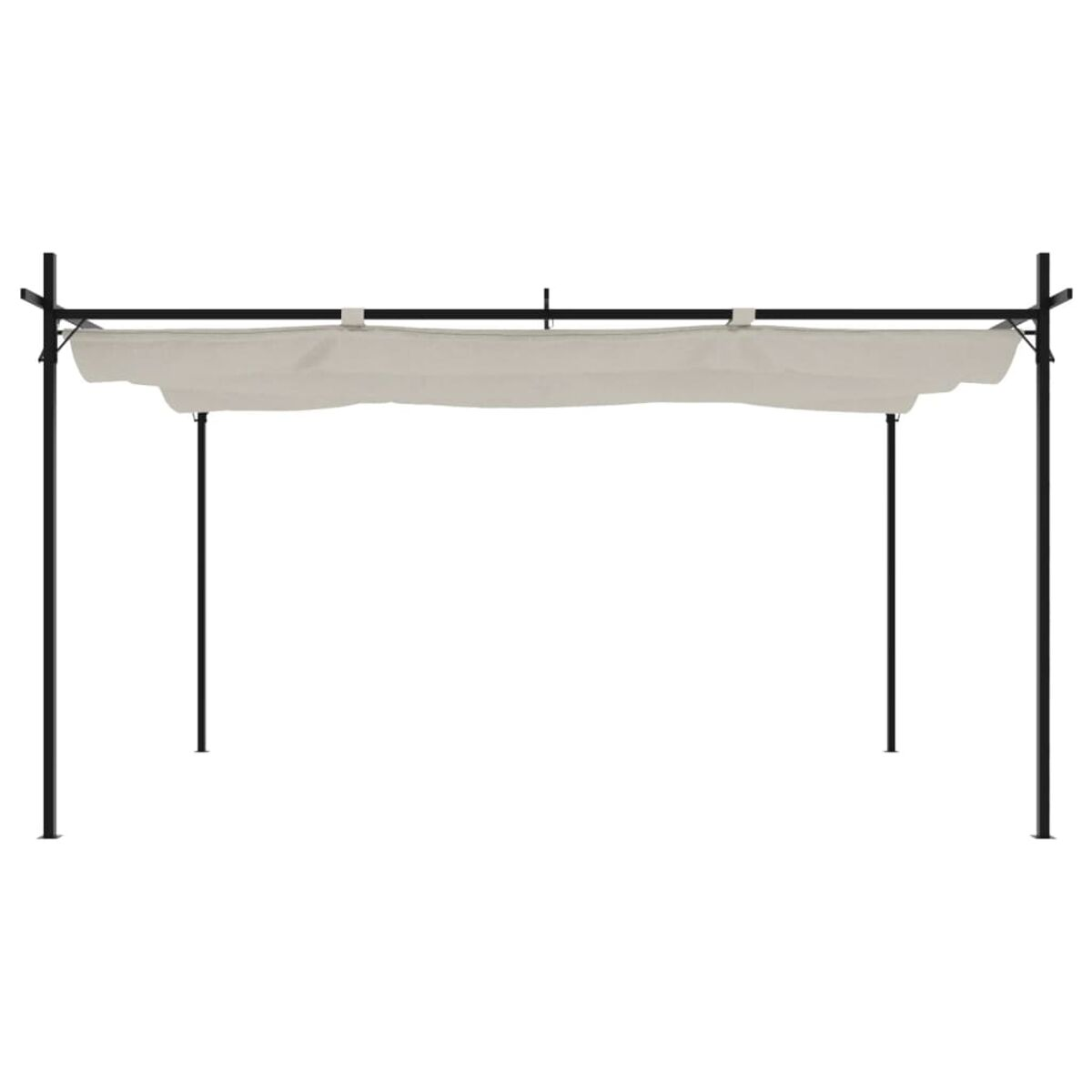 Schwarze Metallpergola mit beigem Stoffdach, auf weißem Hintergrund.