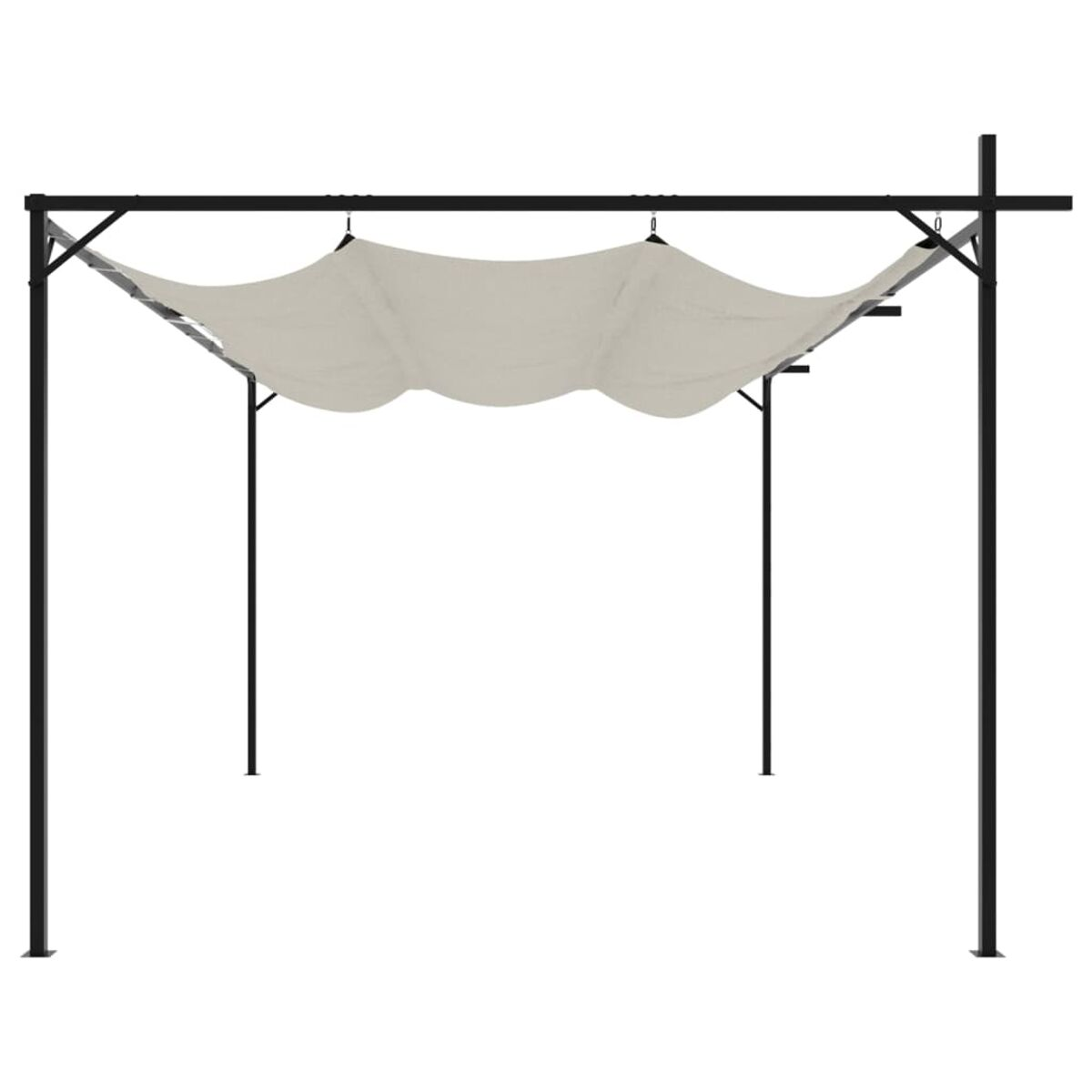 Eine schwarze Metallpergola mit einem beigen Baldachin. Die Pergola hat vier Stützpfosten. Weißer Hintergrund.
