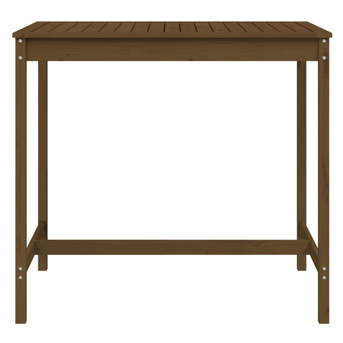 Ein brauner Holztisch. Er hat eine rechteckige Oberseite und vier Beine. Die Oberseite hat Lamellen.