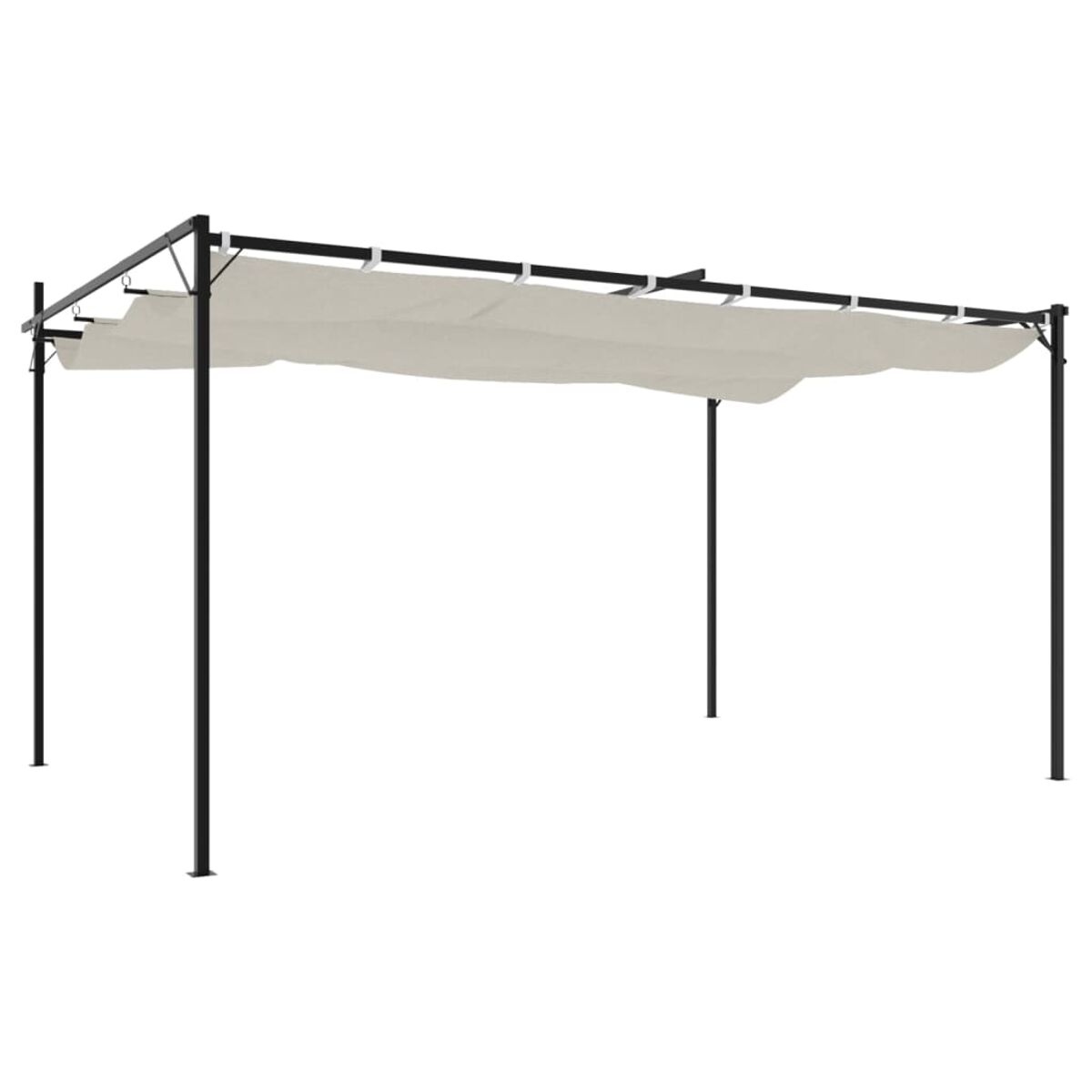 Schwarze Metallpergola mit beigem Stoffdach. Weißer Hintergrund.