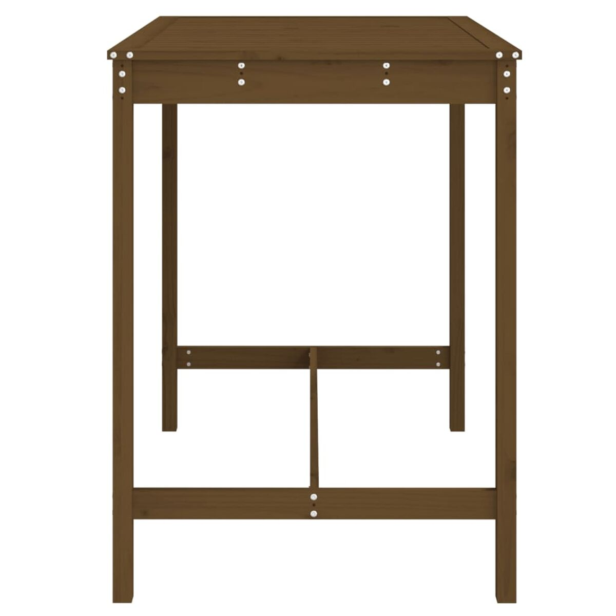 Brauner Holztisch von unten. Vier Beine und ein Stützrahmen, weißer Hintergrund.